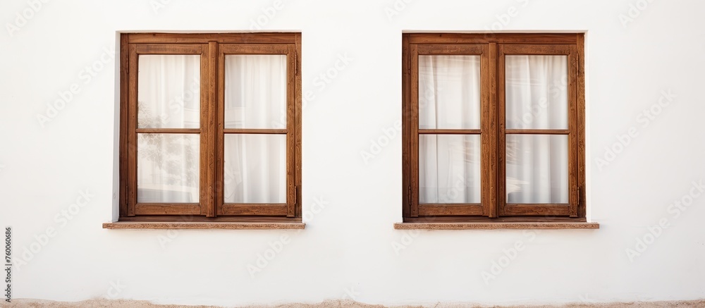Poster two wooden windows with glass panes set in a symmetric pattern on a white facade. the rectangle fixt