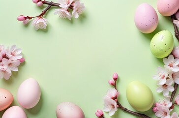 Naklejka na ściany i meble pastel pink easter eggs and spring flowers on lime green horizontal background banner with copy space center