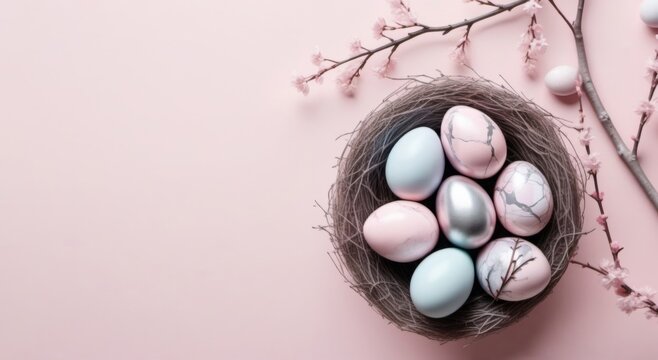 silver marble painted easter eggs with a spring branches as nest on pastel pink background copy space left	