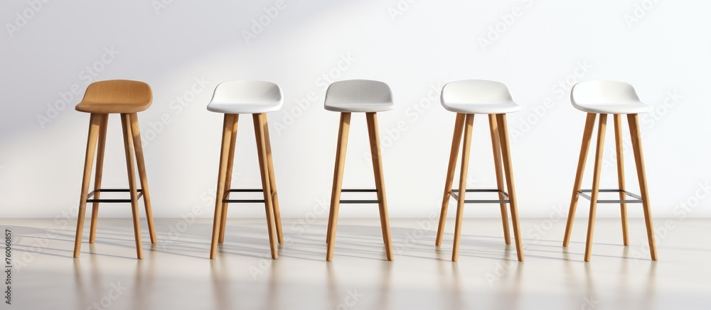 Poster a row of bar stools with wooden legs are elegantly lined up, creating a stylish and inviting atmosph