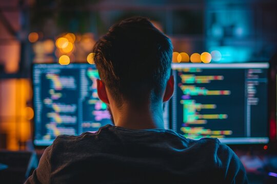 coding man coding on a computer back view, a man coding on a computer back view, a coder in his workstation, a coder workstation, coder back view, developer working in the computer, developer closeup,