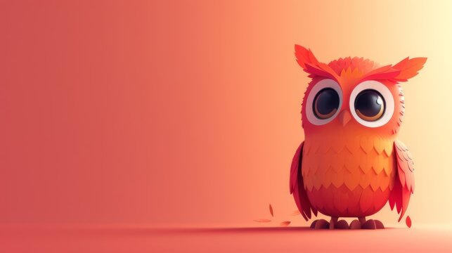 Cartoon owl isolated on orange background with copy space for text.