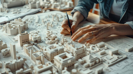 architect hands working on model buildings and 3d  map design blueprint map and engineer drafting structure on table paper. Real estate development work office construction and industrial wall safety 