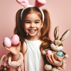  Optimistic small kid posing with painted eggs and a pink rabbit toy, wearing fluffy bunny ears and being cheerful in front of camera. Young girl with pigtails showing her easter decorations. - obrazy, fototapety, plakaty
