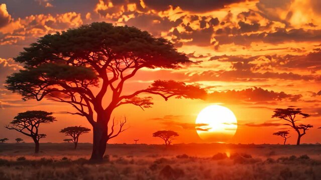 African savanna sunset with acacia trees silhouettes. African landscape, Sunset in savannah of Africa with acacia trees, Safari in Serengeti of Tanzania, AI Generated