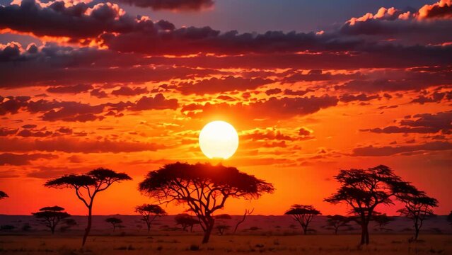 African sunset in Serengeti National Park, Tanzania, Africa, Sunset in savannah of Africa with acacia trees, Safari in Serengeti of Tanzania, AI Generated