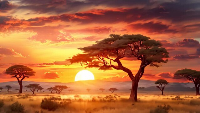African landscape with acacia trees and sunset. 3D render, Sunset in savannah of Africa with acacia trees, Safari in Serengeti of Tanzania, AI Generated
