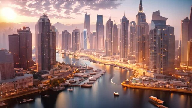 Dubai Marina at night in Dubai, UAE. Dubai was the fastest developing city in the world between 2002 and 2008, Sunset view of the Dubai Marina and JBR area and the famous, AI Generated