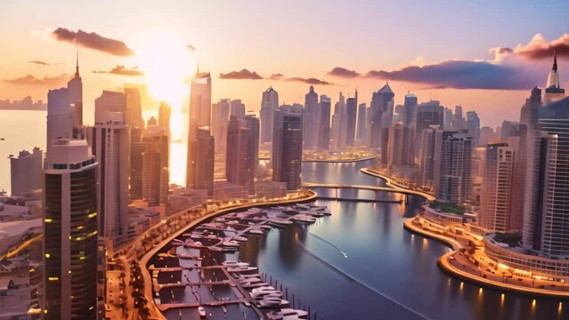 Dubai Marina at sunset in Dubai, UAE. Dubai was the fastest developing city in the world, Sunset view of the Dubai Marina and JBR area and the famous Ferris Wheel and golden sand, AI Generated