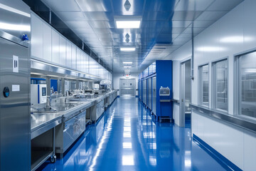 3d rendering blue futuristic laboratory interior in semiconductor manufacturing factory with machine, computer screen and robotic arms medical laboratory science