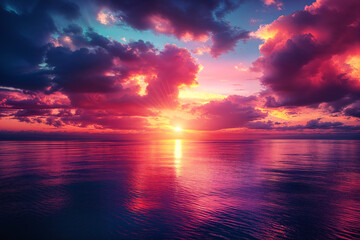 Moment of sunset. The clouds in shades of pink, orange, and purple. - obrazy, fototapety, plakaty