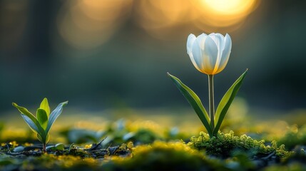  a couple of white flowers sitting on top of a patch of green grass next to a forest filled with trees.