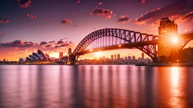 Sydney Harbour Bridge at sunset, Australia. Long exposure, sydney harbour bridge at sunset, AI Generated