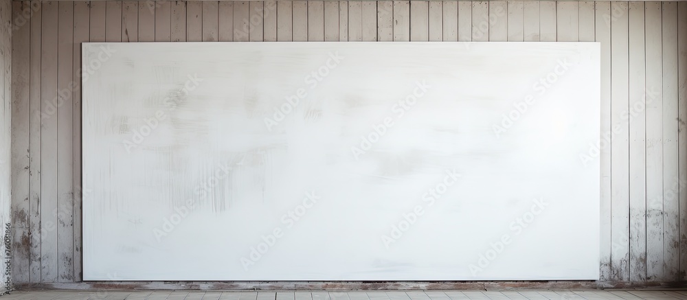 Aufkleber a rectangle white board with bold font hangs on a wooden wall, displaying information using tints an