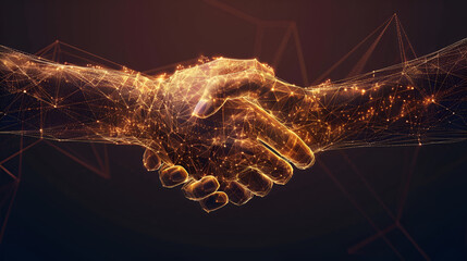 Illustration two wire-frame glowing hands, handshake, technology, business, trust concep - obrazy, fototapety, plakaty