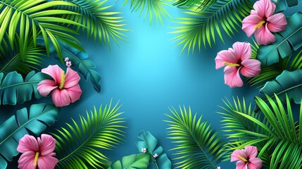  a tropical background with pink flowers and palm leaves on a blue background with a place for an inscription in the center.