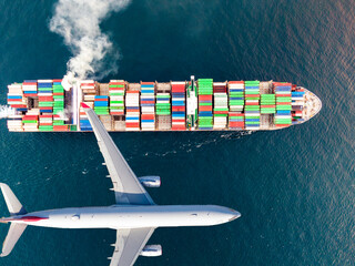 Logistics and transportation of Container Cargo ship and Cargo plane, logistic import export and transport industry background 