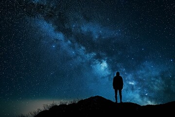 Astronomer child man starry sky night. Cosmic science. Generate Ai