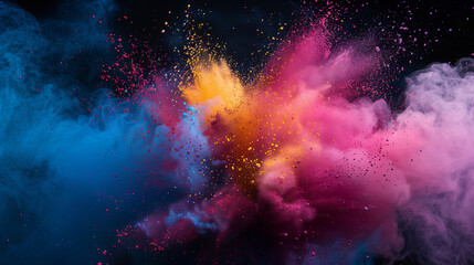 A dynamic burst of powered pigments, movement and energy on black background. 