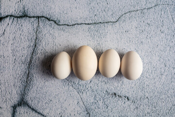Four white eggs on an empty background. Easter concept