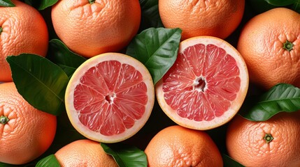 a close up of a grapefruit cut in half and surrounded by other grapefruits and leaves.