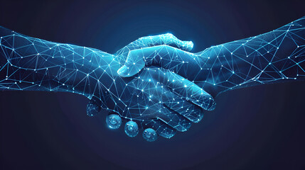 Illustration two wire-frame glowing hands, handshake, technology, business, trust concep - obrazy, fototapety, plakaty