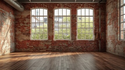 Empty room with large windows and brick wall