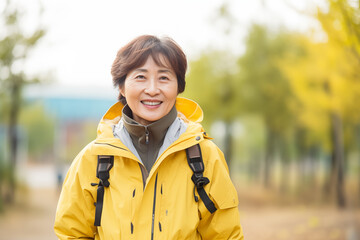 Middle aged Chinese woman at outdoors wearing a rainproof coat