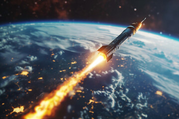 The rocket flies in space against the backdrop of the earth. The concept of space exploration, satellite launch, flight to the moon, free internet. space war. attack aggression through space missiles