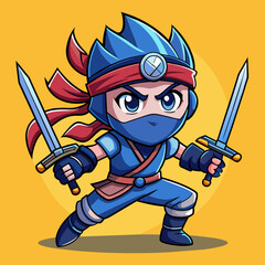 Ninja Practicing Two Sharp Swords Doodle Illustration