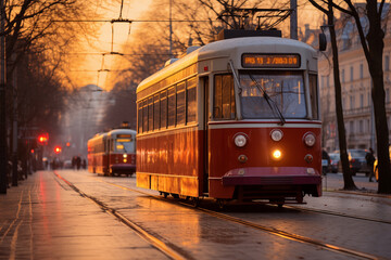 tram in the middle of the city with no one