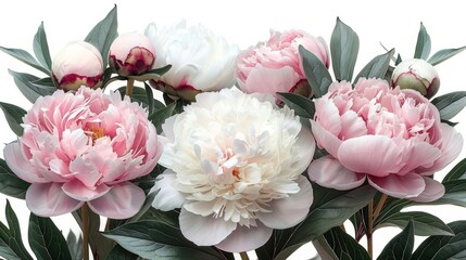  a bouquet of pink and white peonies with green leaves on a white background with a white back ground.