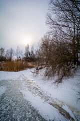 Dark Frozen Lake with Snow Traces, Surrounded by Reeds, Empty Trees, and Grey Overcast Sky, with...