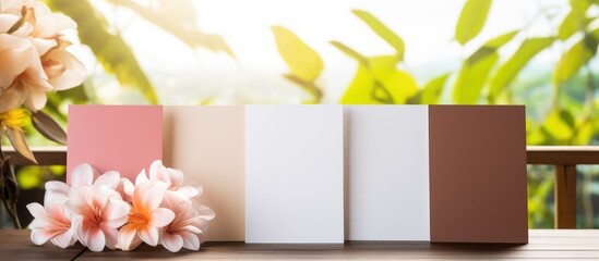 A row of books displayed on a wooden table next to a vase of peach flowers. The rectangle art pieces on the covers contrast beautifully with the natural wood grain