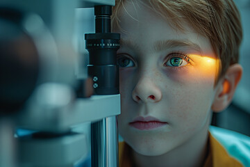 eye examination of a boy child. eye vision analysis. pediatric ophthalmologist. studying children's eye health using diagnostic equipment and apparatus - obrazy, fototapety, plakaty