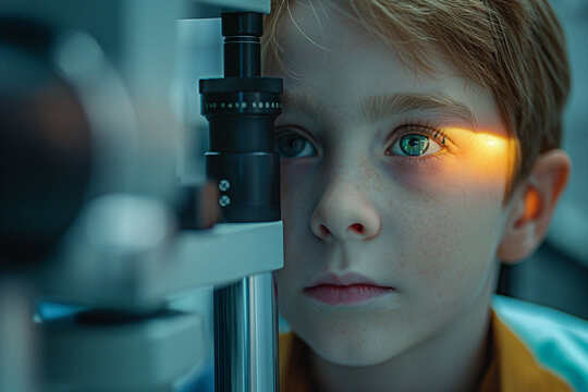 eye examination of a boy child. eye vision analysis. pediatric ophthalmologist. studying children's eye health using diagnostic equipment and apparatus