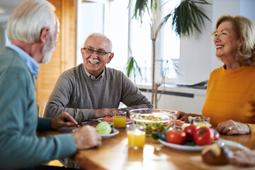 Group of happy mature friends talking while having a meal at dining table.