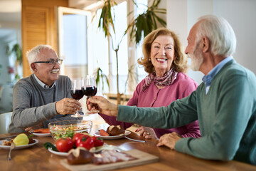 Happy senior friends having fun while toasting with red wine during a meal at dining table.
