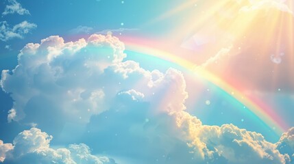 cartoon rainbow in the sky background.