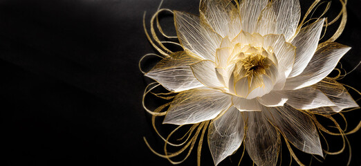 White flower and golden filaments on the black blurred background. Top view and space for text. 