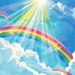 cartoon rainbow in the sky background.