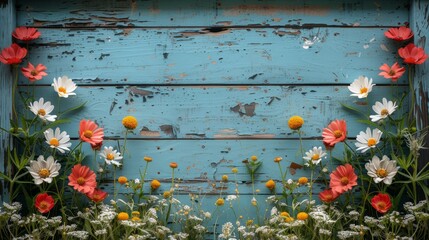  a picture of a bunch of flowers in front of a blue wooden door with peeling paint and peeling paint on it.