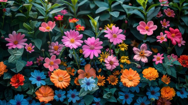  a close up of a bunch of flowers with many colors of flowers in the middle of the picture and green leaves in the background.