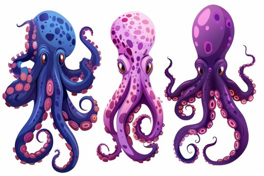 An octopus tentacle, a squid tentacle, and a kraken tentacle. Modern cartoon of grayscale sea monsters.