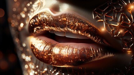 female lips extreme close up shot, brown glowing radium lips made with diamond engraved, shining effect - generative ai - obrazy, fototapety, plakaty