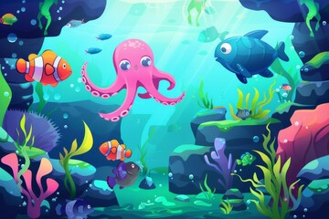Underwater sea life. Cartoon illustration with ocean animals and fish. Ocean landscape with cute octopus, turtle, and many different fish.