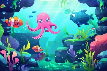 Poster Underwater sea life. Cartoon illustration with ocean animals and fish. Ocean landscape with cute octopus, turtle, and many different fish. © Mark