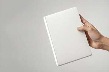 Hand holding blank notebook A4. Mock up. Generation AI