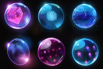 A science fiction shield bubble, various energy glowing spheres or a defense dome field isolated on a black background. Realistic 3D modern set of realistic deflector elements, firewall absolute