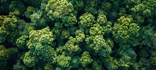 Aerial top view of green trees in forest. Drone view of dense green tree captures CO2. Green tree nature background for carbon neutrality and net zero emissions concept. Sustainable green environment - obrazy, fototapety, plakaty